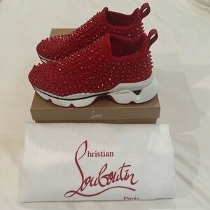 Christian Louboutin Women's Metallic Spiky Sock Donna Flat Red Glitter